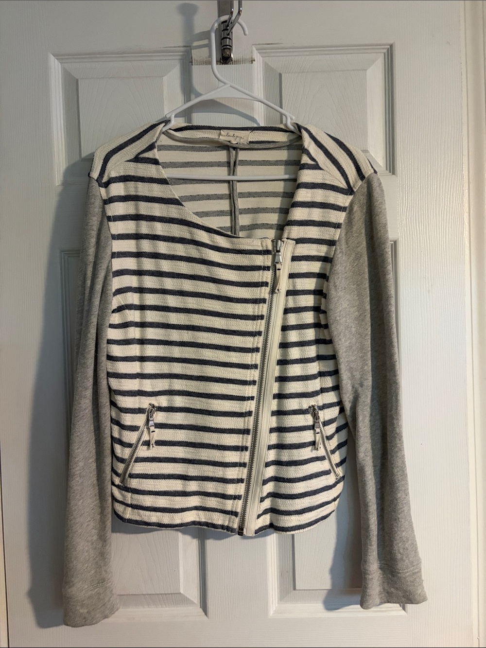 Lou & Grey Striped Knit Zip-Front Drape Jacket with Gray Sleeves